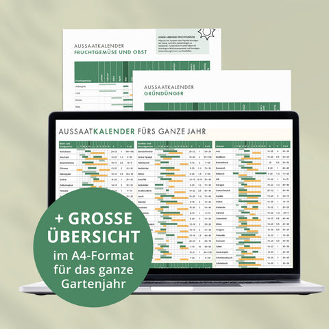 Aussaatkalender für das ganze Gartenjahr mit großer A4-Übersicht zu Aussaatzeiten für Gemüse, Kräuter und Gründünger