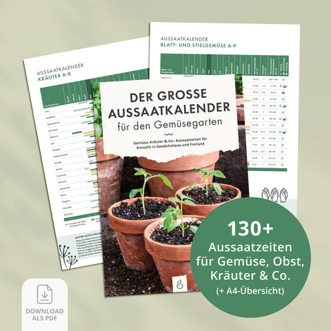 Großer Aussaatkalender für den Gemüsegarten mit Aussaatzeiten für Gemüse, Kräuter und Obst inklusive A4-Übersicht