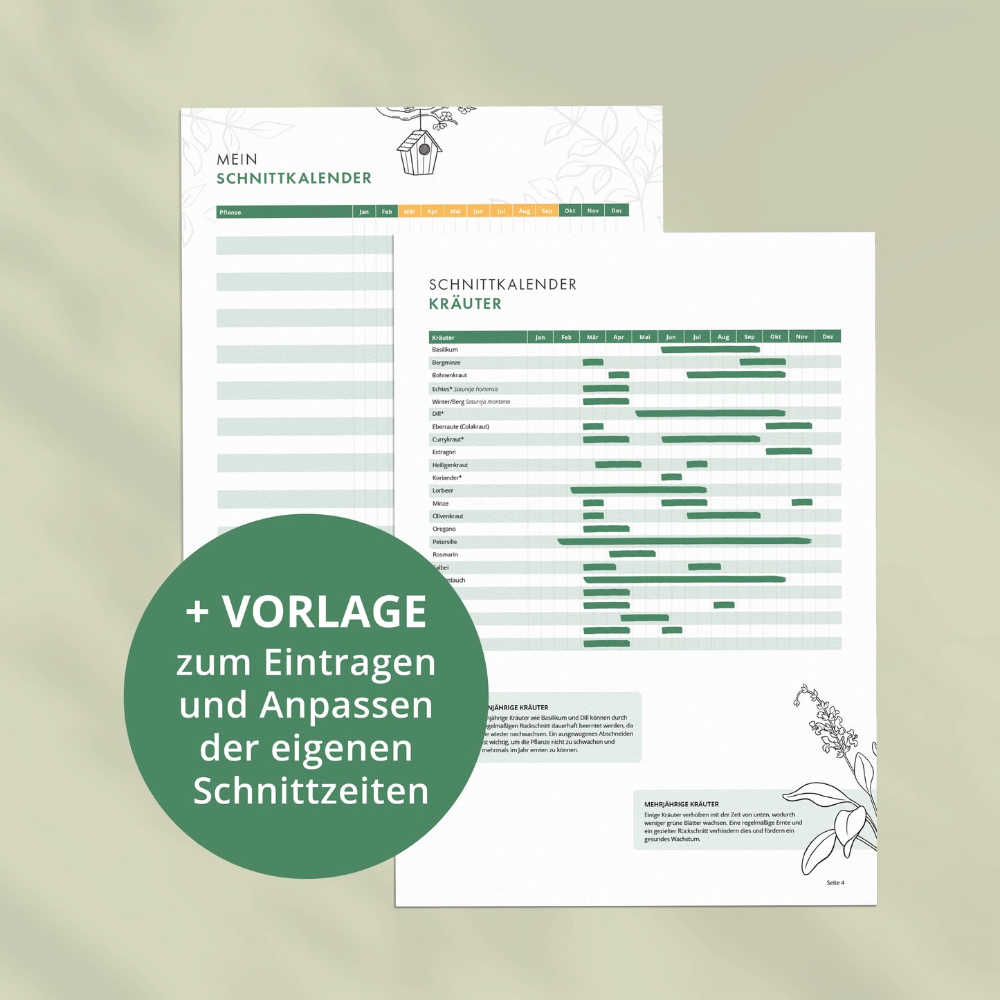 Schnittkalender für Kräuter mit ausfüllbarer Vorlage zum Eintragen und Anpassen eigener Schnittzeiten
