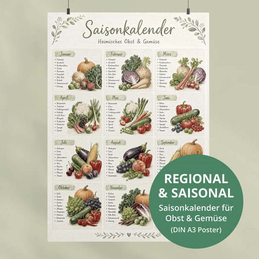 Saisonkalender für heimisches Obst und Gemüse als regionales und saisonales A3-Poster mit Monatsübersicht und illustriertem Gemüse und Obst