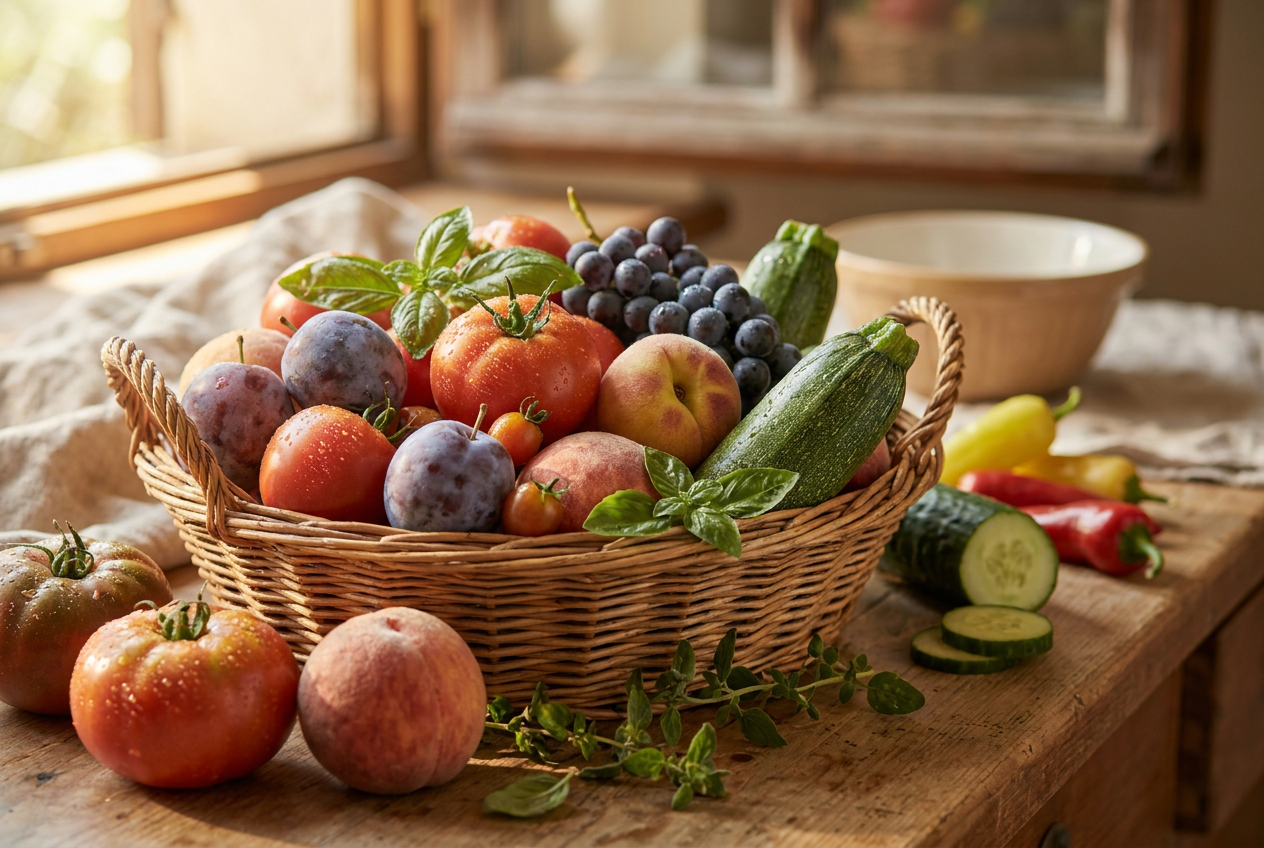 Korb mit saisonalem Obst und Gemüse auf Holztisch mit Tomaten, Zucchini, Trauben und Pfirsichen in natürlicher Küchenatmosphäre